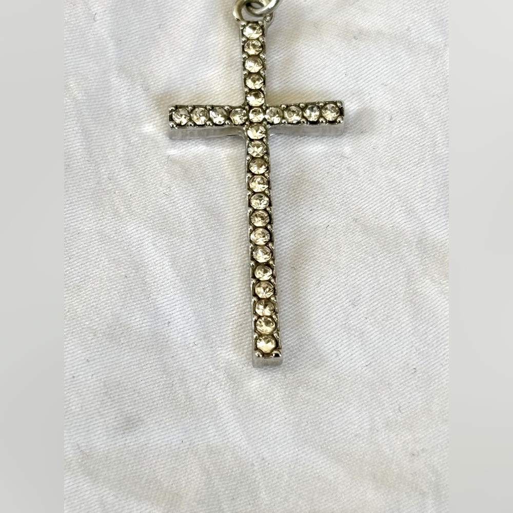 Silver Cross Pendant with Rhinestones, chain link, adjustable